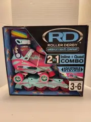 Girls Roller Derby Skates Size 3-6 Inline Quad Adjustable 2 in 1 Pink Unicorn