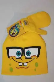 NEW Toddler Beanie Hat Mittens 2 Pc Set Yellow SpongeBob Acrylic Knit Cap Unisex