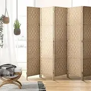 OIKITURE 6 Panels Room Divider - Folding Privacy Screen 170CM Height, Portable Hand-Woven Rattan Panel Partition, Wood