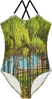 [RPLIFE] Pine Trees Girls Swim Suit, Beach Swimsuit Girls 3-10 Y with Adjustable Shoulder Strap, 3-10 Y