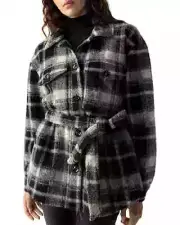 Sanctuary V6819 Women's Grey Shay Brushed-Knit Tie-Waist Plaid Shacket Size S