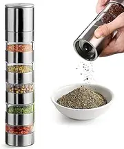 Mini Spice Jars Set with Lid, 5 in 1 Seasoning Container with Spice Grinder – Manual Grinding for Peppercorns, Sea Salt – Portable Stainless Steel Spice Tin Box for Outdoor BBQ, Camping, Picnic