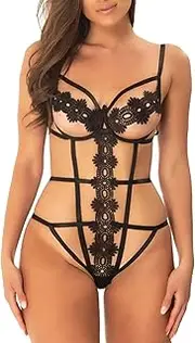 [Zylphorix] Women Lace Halter Bodysuit One Piece Lingerie Teddy Babydoll Nightgown Cutout Strappy Mesh Nightwear Underwire