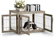 Upolana Large Dog Crate Furniture, 38 inch Dog Crates with Bed Pad, Wooden Dog Kennel Furniture, End Table Dog Cage with 3 Doors, Greige