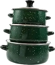 HOMOBABE 3Pcs Enamel Cookware Ramen Pot Pasta Pot Flat Bottom with Dural Handles Efficient Heat Distribution Suitable for Gas Stoves Green Color