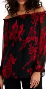 Nine West Top, Black,red print,elastic neckline could wear off shoulder S NWT
