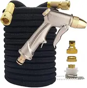High Pressure Garden Water Hose Expandable Double Metal Connector PVC Reel Magic Water Pipes Fit for Garden Farm Irrigation Car Wash(Black Hose with Gun,25ft)