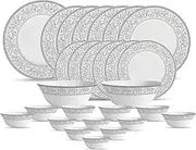 La Opala Diva Sovrana Collection Opal Glass Crockery | for Family of 6 | Dinner Set 27 pcs Persian Silver | Plates & Bowls for Dining | Microwave Safe | 100% Vegetarian | Extra Strong | Light & White