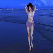 Set: Print Bikini Top + Bottom + Cover-Up Skirt Set - Tangerine Pink & Blue - M
