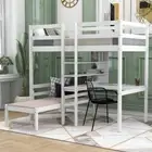 Qualler Loft Bed Convertible Space-Saving Built-in Shelves Indoor L-Shape White