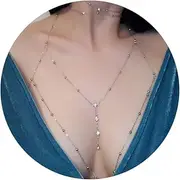 [Dreamin] Dreamyn Boho Rhinestones Body Chain Silver Crystal Bikini Chains Summer Beach Bra Body Jewelry for Women and Girls (Silver)
