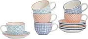 [Nicola Spring] Patterned Porcelain Cappuccino Cups and Saucers - 3 Designs, 250ml - Set of 6