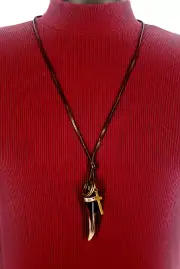 NECKLACE With Horn Cross and Circles Charms Bronze Finish On Brown Strand NEW
