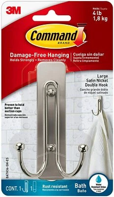 3M Command Bath Double Hook, Large, Satin Nickel - Holds up to 4lbs
