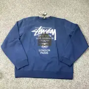 Stussy X Dover Street Market World Tour Crew DSM Mens XL Navy Sweatshirt NWT