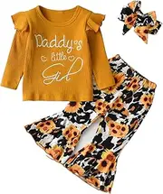 [Kumsolu] Baby Girl Clothes Ruffled Long Sleeve Tops Floral Printed Pants 3-Piece Outfit Set