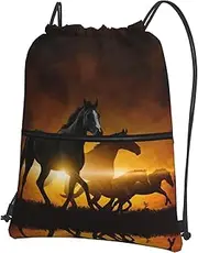EdWal Black Horses Red Glowing Clouds Print Drawstring Backpack Gym Bags Sports Bags With Zipper Pocket For Travel Beach, Black, One Size