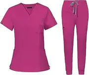 [ａ aternee] Nursing Uniforms Scrub Set Workwear Nurse Top Pants Scrubs for Women Set Comfortable with Pockets Work suits for Pet Grooming, L, Rose Red