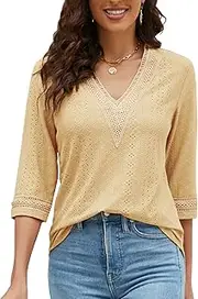 [LIOFOER] Women's Casual 3/4 Sleeve Shirts Lace V Neck Color Block Dressy Tops Trendy Hollow Floral Blouses T Shirts S-XXL