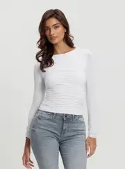 GUESS Women's White Shirred Noelle Top Size: Medium, Elastane