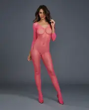 FISHNET LONG SLEEVE OPEN CROTCH BODYSTOCKING NEON PINK