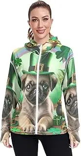 [RPLIFE] Saint Patrick Day Cute Pug Puppy Womens Sunscreen Shirts, UPF 50+ Zip up Long Sleeve Beach Shirt, Saint Patrick Day Cute Pug Puppy, Medium