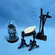 Dollhouse Miniature Metal Fireplace Tool Set Clock Bellows Wood Stands IM66234