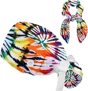 [FVQL] 2 Pack Surgical Hats for Women, Ponytail Scrub Cap with Hair Scrunchies, Rainbow Abstract Floral Pattern