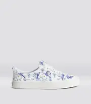 Women's Low Top White Pebbled Leather & Blue Parrot Print | Oca Low