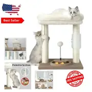 Durable Beige Cat Scratching Post with Perch Bed & Hanging Ball Toy for Kittens