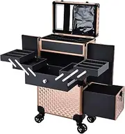 Adazzo Professional Makeup Artist Rolling Train Case Multi-functional Cosmetic Train Case Large Trolley Storage Case for Nail Technicians Cosmetology Case for Hairstylist, Rose Gold New, Rolling