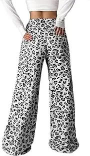 [Generic] Women's Leopard Print Elastic High Waist Pockets Loose Casual Trousers Stylish Boyfriend Wide Leg Pants