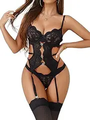 [Aranmei] Women's Sexy Lace Lingerie Set with Suspenders Bodysuit Teddy with Panties