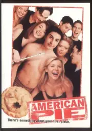 Modern FILM POSTER Postcard: AMERICAN PIE (Jason Biggs, Chris Klein). Free Post