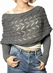 PENTALES Sweater Scarf with Sleeves for Women, Crochet Knitted Shrug Sweaters Cable Wrap Scarves