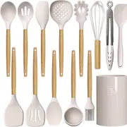 14-Piece Silicone Kitchen Utensil Set - 446Â°F Heat Resistant, Nonstick Cookware Gadgets (BPA-Free Khaki)