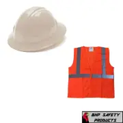 White Full Brim Safety Hard Hat with Hi-Vis Orange Vest Construction