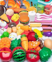 Educational Cutting Play Food Toy Set - 60 Pcs with Shopping Basket and Plastic Mini Dishes