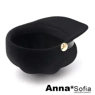 【AnnaSofia】純羊毛硬式貝蕾帽鴨舌報童帽-雙側金釦皮革帶(黑系)