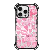 iPhone 16 Pro Bounce Case MagSafe Compatible Transparent Pink Hearts Ribbon Stickers Love Cherry Kiss Stars Coquette Collage