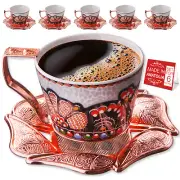 Handmade Turkish Coffee Cup Set for 6 People with Metal Saucers and Cup Holders