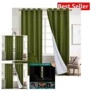 100% Blackout Olive Green Linen Curtains - Elegant Thermal Insulated Drapes 2...