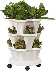 Tectsia Strawberry Vertical Planters, 3 Tiered Stacking Tower Garden, Stackable Herb Vegetable Planters with Movable Casters and Bottom Saucer Indoor and Outdoor - White