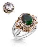 Turkish Reversible Oval Emerald and White Topaz 925 Sterling Silver Ring