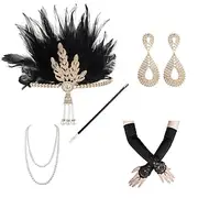 Set with Flapper Headband Pearl Earings Long Gloves Cigarette Holders Retro Vintage Roaring 20s 1920s Accesories Set The Great Gatsby Women's Cosplay Costume C