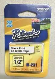 Brother P-Touch M-Tape Tape 1/2 inch BLACK on WHITE for Label Maker M231