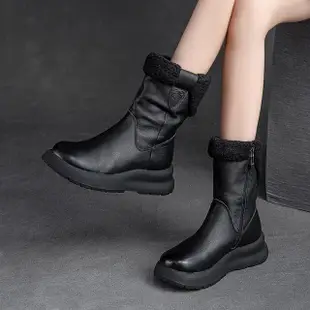 【Vecchio】真皮雪靴 厚底雪靴/真皮頭層牛皮復古加絨保暖純色厚底雪靴(黑)