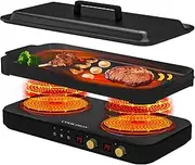 COOKTRON Portable 2-Burner Induction Cooker with Removable Non-Stick Cast Iron Griddle, 1800W Dual Induction Cooker with Child Safety Lock and Timer, Great for F