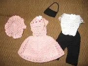 New Crochet Fits Barbie Doll Set of Peach Dress, Capri with top, Hat and Purse