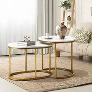 Oikiture Set of 2 Coffee Table Round Marble Nesting Table Side End Table White and Gold